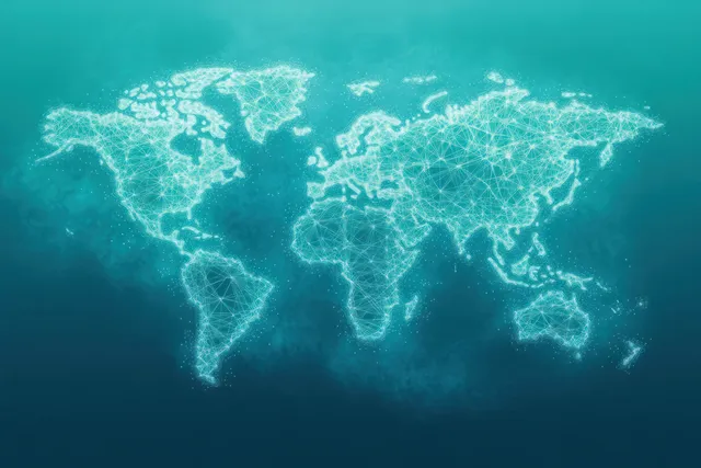 Glowing wireframe world map with connected nodes and lines over a teal technology background.