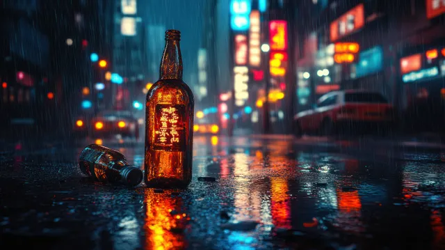 Broken amber alcohol bottle rests on a wet rainy street at night with blurred police lights in the background.