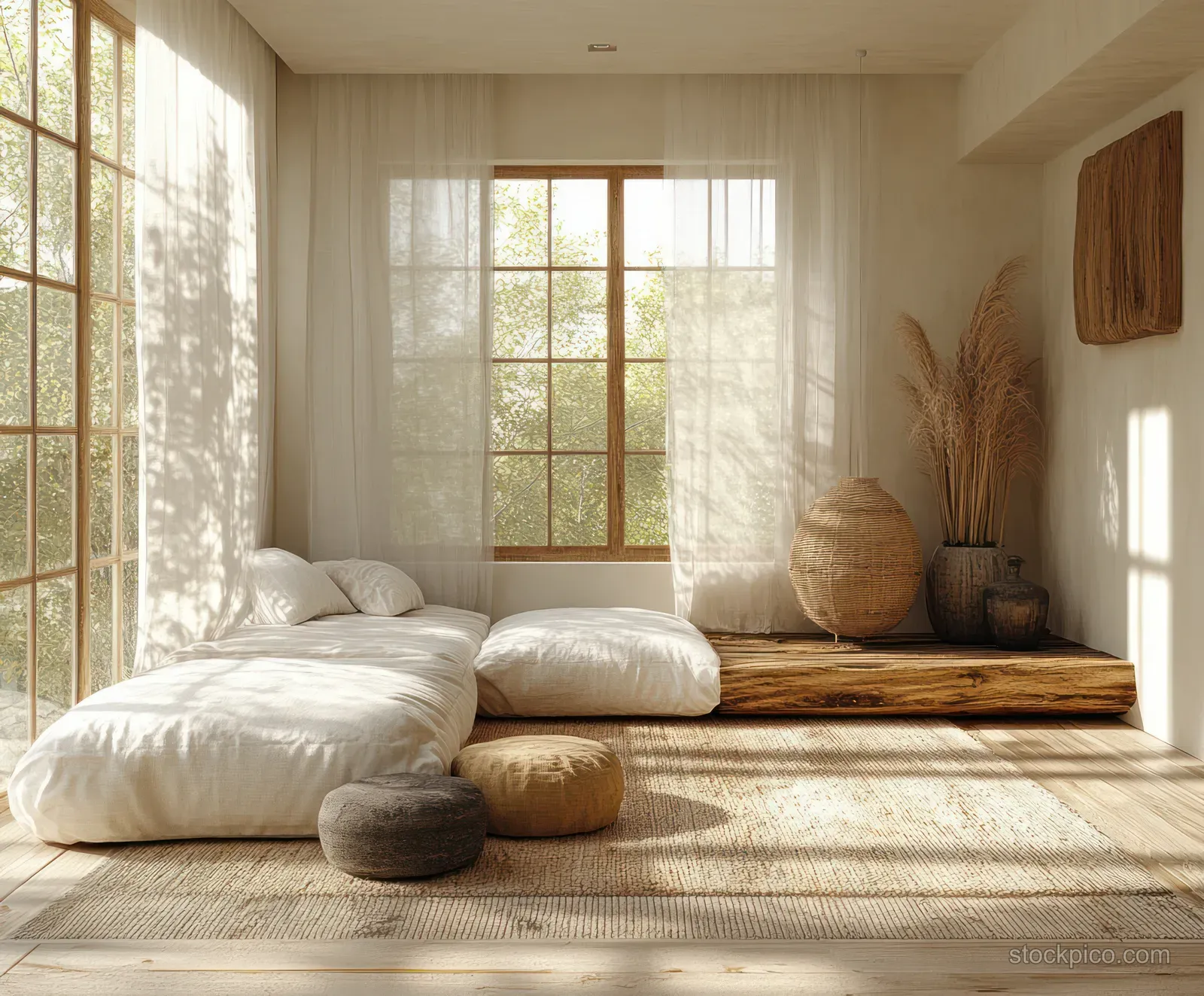 Bright Scandinavian living room with sheer curtains, soft cushions, a wooden bench, and small animal decor elements.