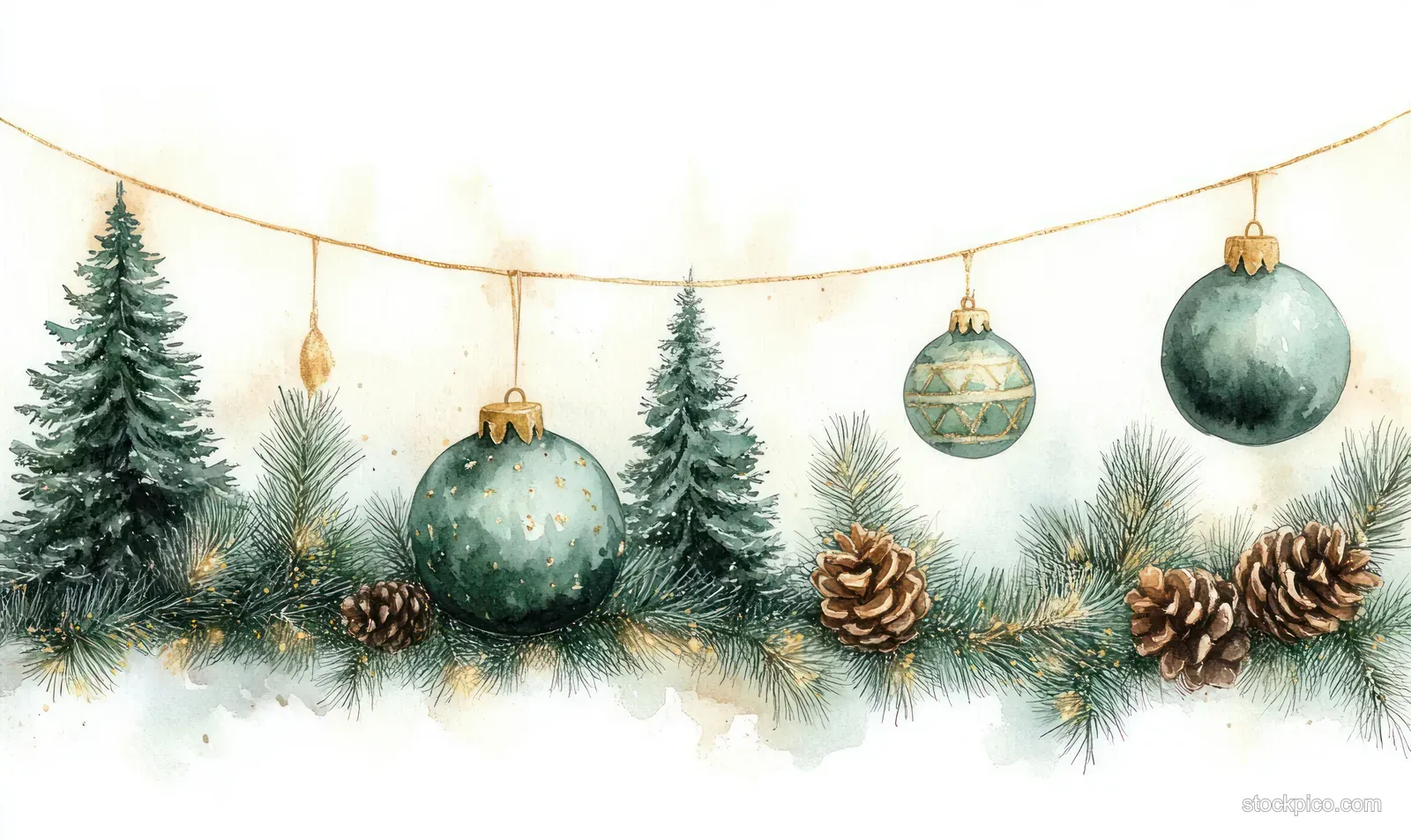 Watercolor Christmas border with snowy pine trees, hanging gold baubles, pine cones, and a string of lights.