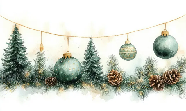 Watercolor Christmas border with snowy pine trees, hanging gold baubles, pine cones, and a string of lights.