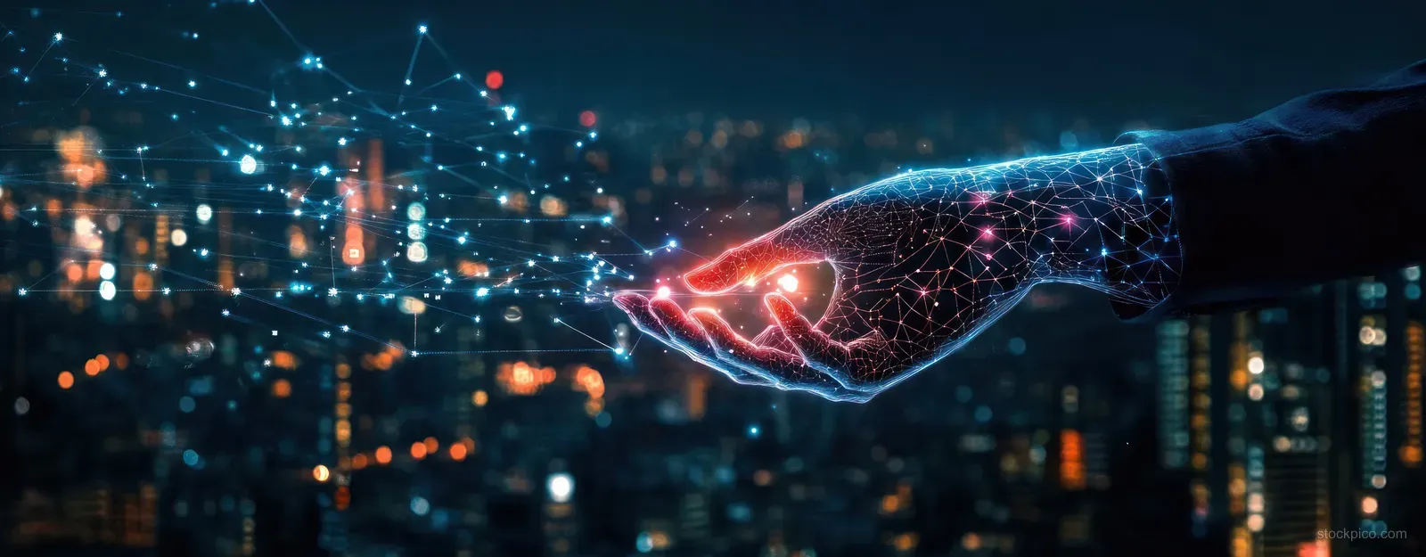 A glowing futuristic hand reaches toward a neon digital network above a blue cyberpunk city skyline at night.