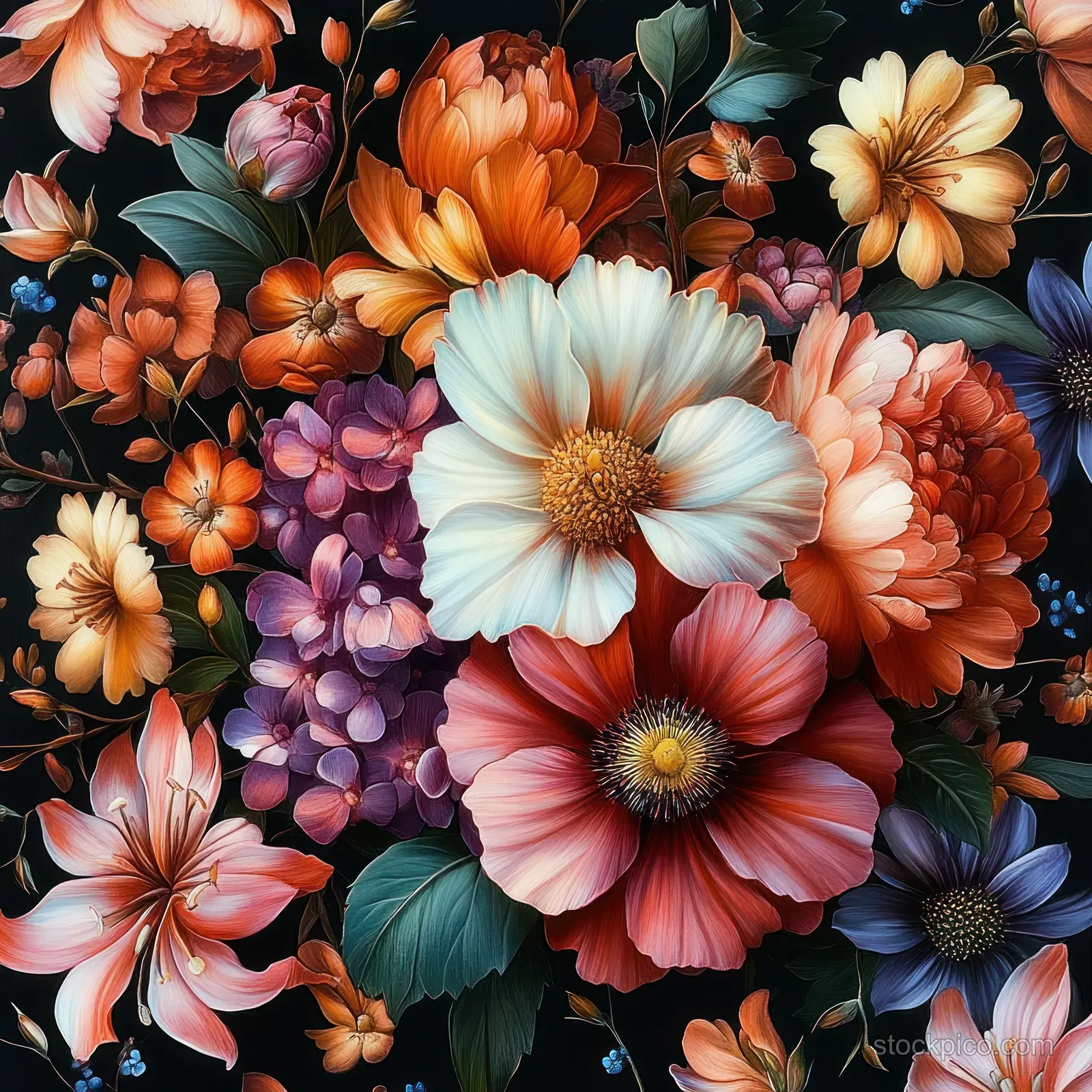 Baroque floral bouquet of roses and peonies over a rich black background with warm soft lighting.
