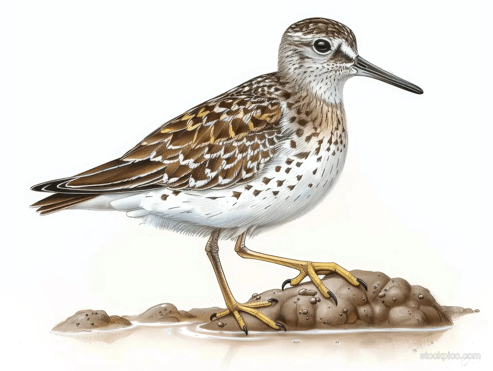 A white-tailed wood sandpiper stands on sandy ground with detailed feathers, isolated on a white background.