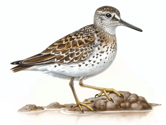 A white-tailed wood sandpiper stands on sandy ground with detailed feathers, isolated on a white background.