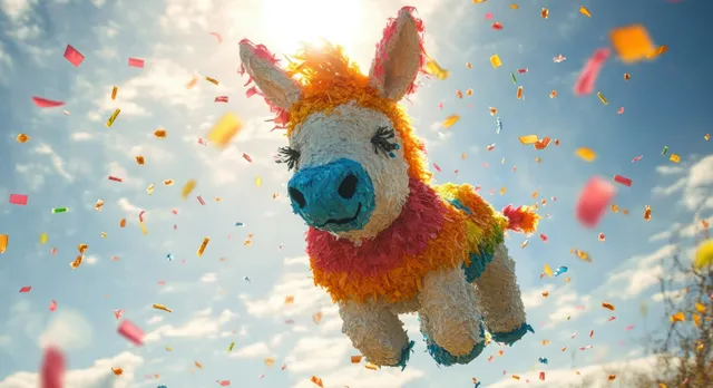 Colorful donkey piñata bursts with confetti against a bright sunny sky during a festive outdoor celebration.