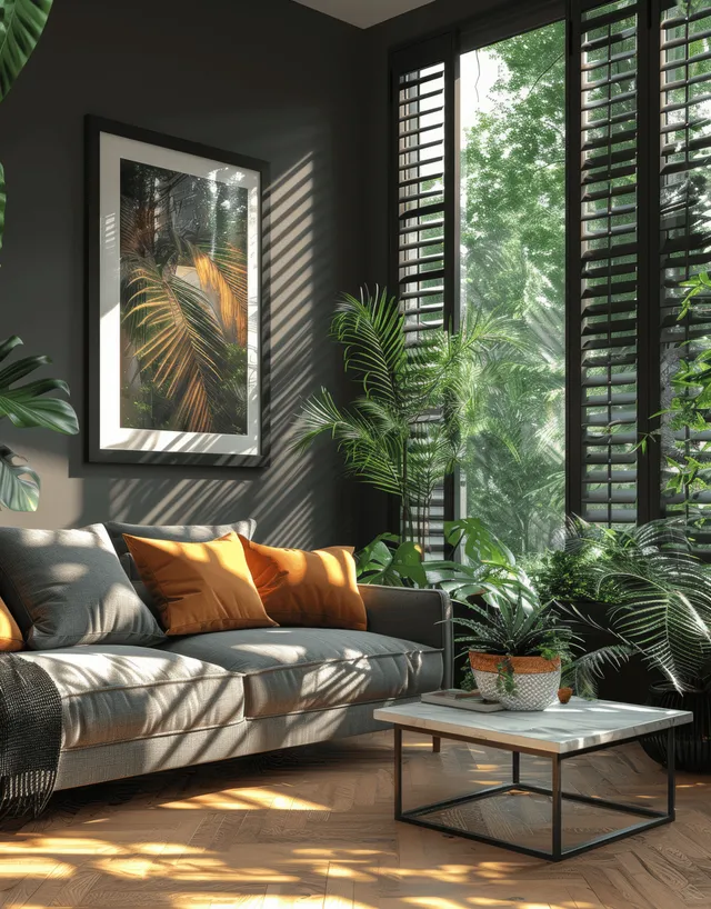 Grey sofa and vertical framed artwork sit beside a marble coffee table in a sunlit living room with black window shutters.