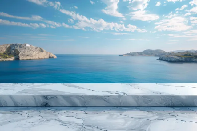 White marble tabletop against a soft-focus Greek island seascape, featuring ample copy space for product presentation.