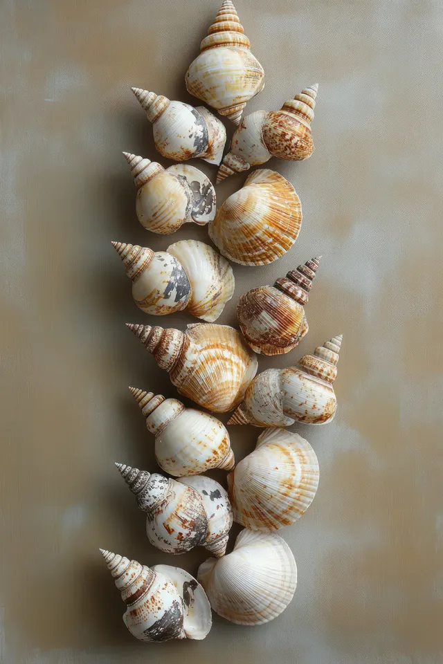A vertical stack of spiral seashells with striped patterns on a warm beige background.