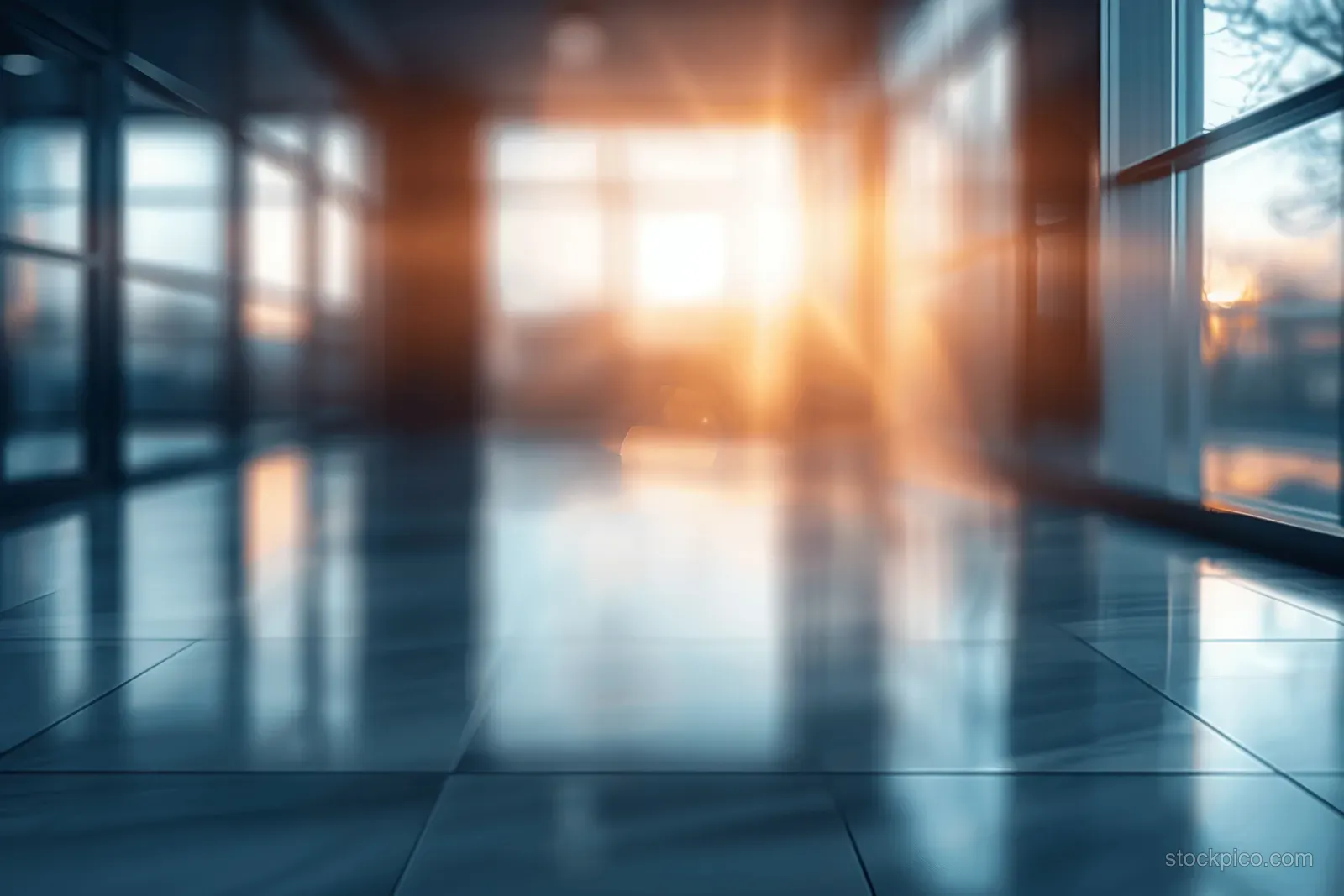 Defocused open-plan office interior with panoramic windows, sun flare, and tiled floor leading to seating.