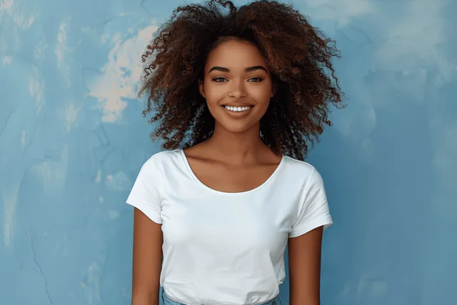 Young woman with curly hair smiling in front of textured blue sky