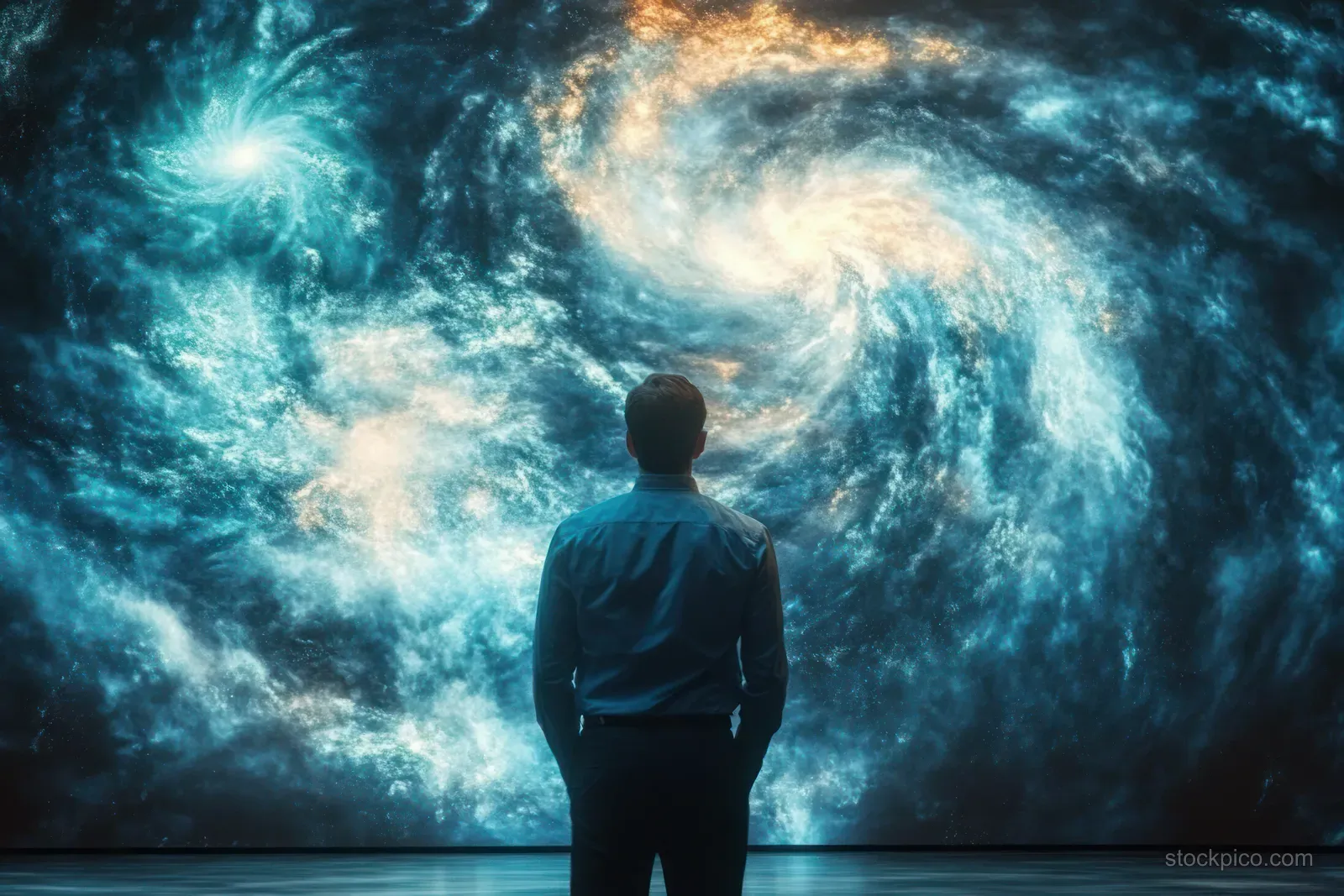 Silhouetted man stands facing an illuminated swirling galaxy of stars and glowing nebulae on a large screen.