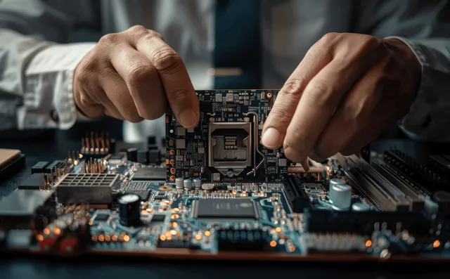 Las manos de un técnico ajustan la placa base de una computadora de escritorio mientras repara componentes en un banco de trabajo.