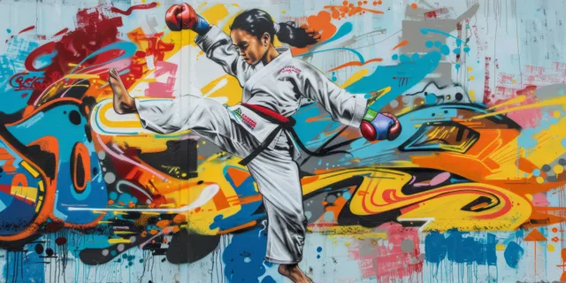Indonesian taekwondo athlete kicks forward, painted graffiti mural background and bold splashes