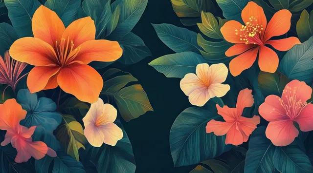 Orange and peach tropical flowers bloom among blue-green leaves on a dark background.