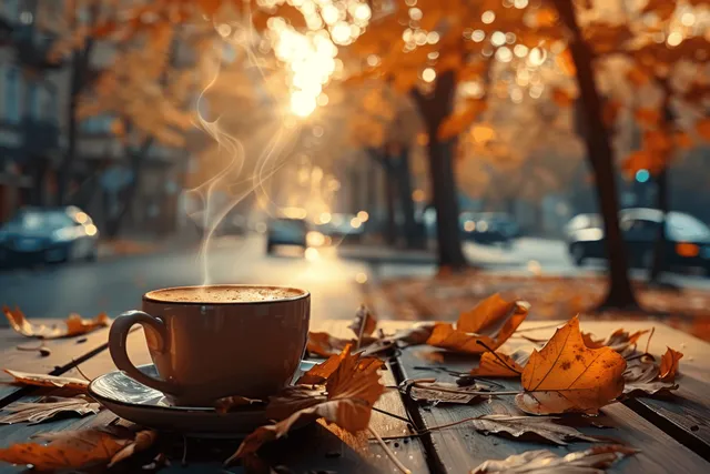 Steaming coffee in a cup sits on a wooden table covered with autumn leaves under warm sunlight and blurred city traffic.
