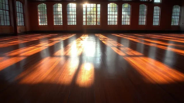 Empty hall with wooden floor as warm sunbeams from tall arched windows cast long shadows across the polished surface.