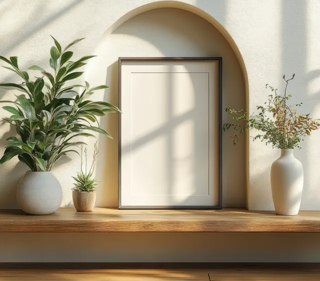 Empty framed artwork sits on a wooden shelf inside a white arched wall, with potted green plants and vases nearby.