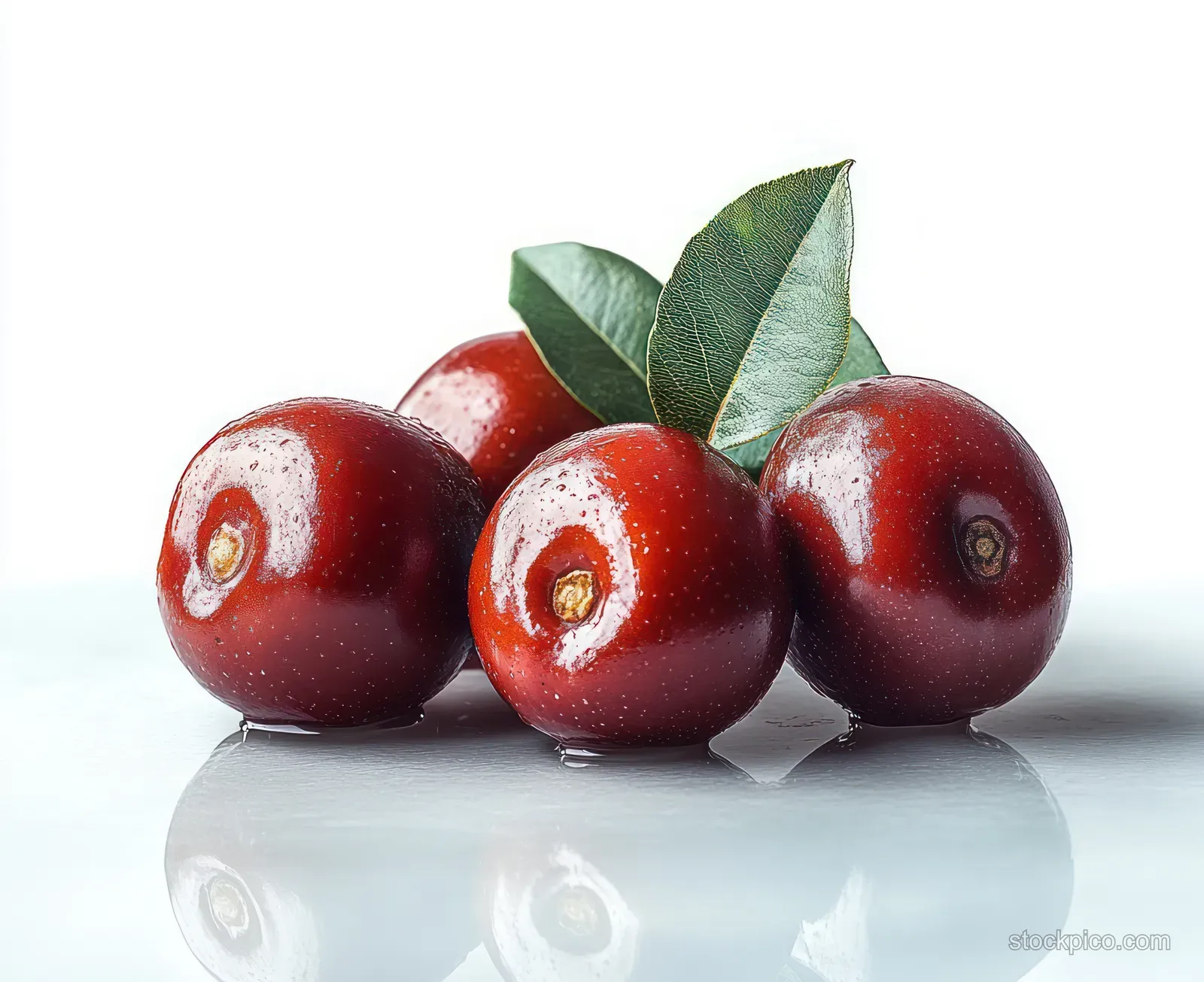 Four glossy red berries with green leaves sit on a reflective white surface, with water droplets and smooth highlights.
