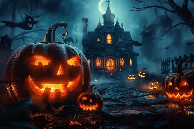 Glowing jack-o-lanterns and small pumpkins sit in a foggy Halloween yard with a haunted house under a full moon.