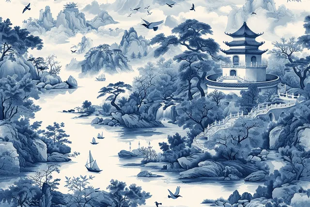 Seamless blue and white toile pattern featuring a pagoda tower, sailboats on a winding river, and birds over misty trees.