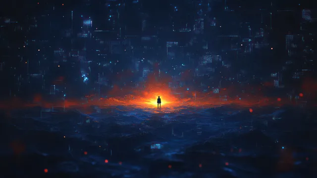 A lone silhouetted figure glows under warm orange light within a dark pixelated digital landscape.