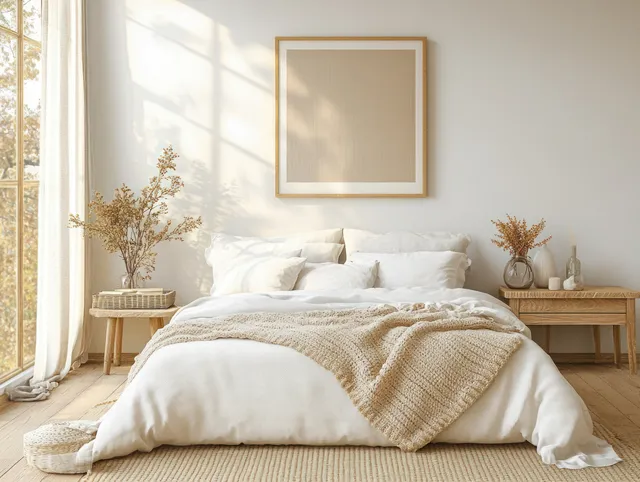 Blank horizontal picture frame above a made bed with soft cream linens in a bright Scandinavian bedroom.