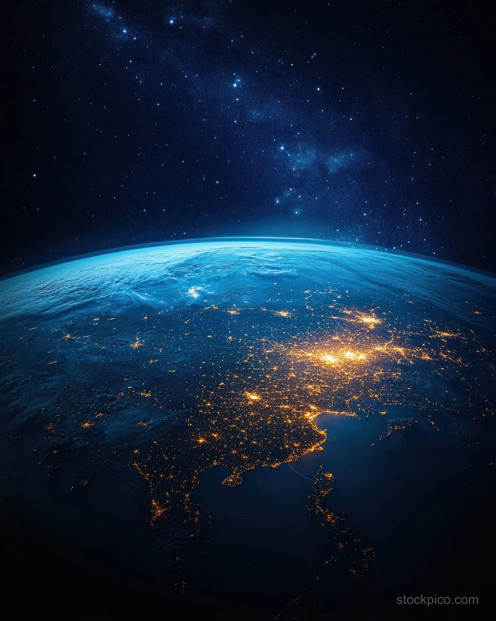 Earth from orbit at night with glowing city lights and a blue atmospheric curve against a starry sky.