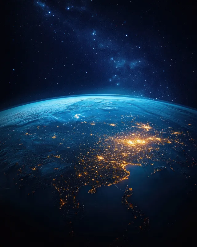 Earth from orbit at night with glowing city lights and a blue atmospheric curve against a starry sky.