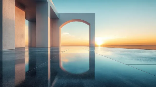 Minimal archway and columns reflected on a glossy floor as sunrise glows over a calm horizon.