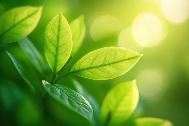 Close-up green leaf cluster backlit by morning sunbeams through soft bokeh