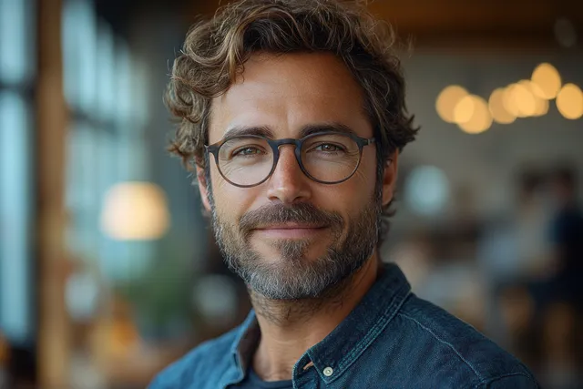 Smiling young man seated in a modern office with blurred coworkers and warm bokeh lights behind him.