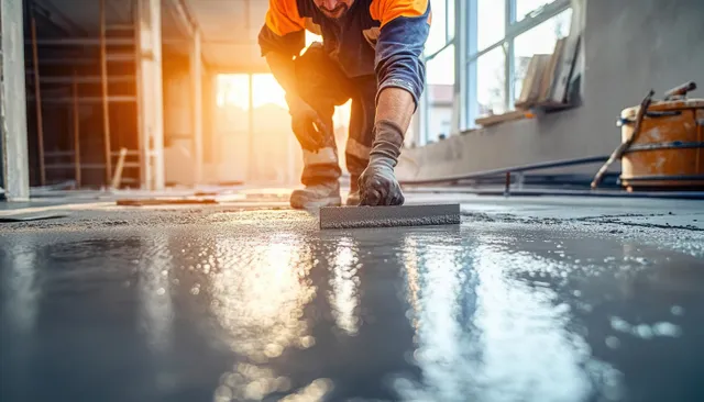 A construction worker levels wet concrete flooring with a screed tool in a sunlit renovated apartment.