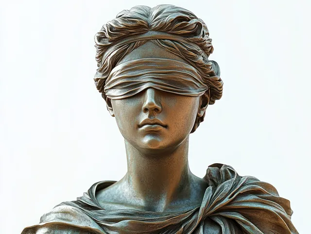 Bronze woman statue with blindfold, detailed hair, and draped robe shown from shoulders upward against pale sky.