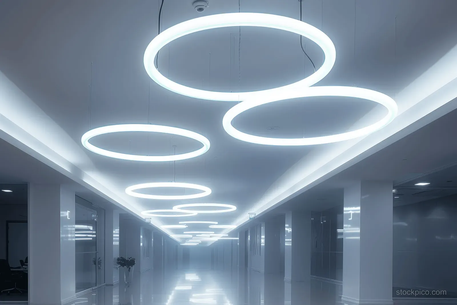 Cool white circular LED ceiling lights glow down a minimalist office corridor with sleek white panels.