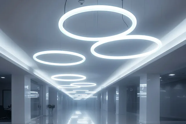 Circular LED ceiling lights glowing along a minimalist office corridor with clean white ceiling