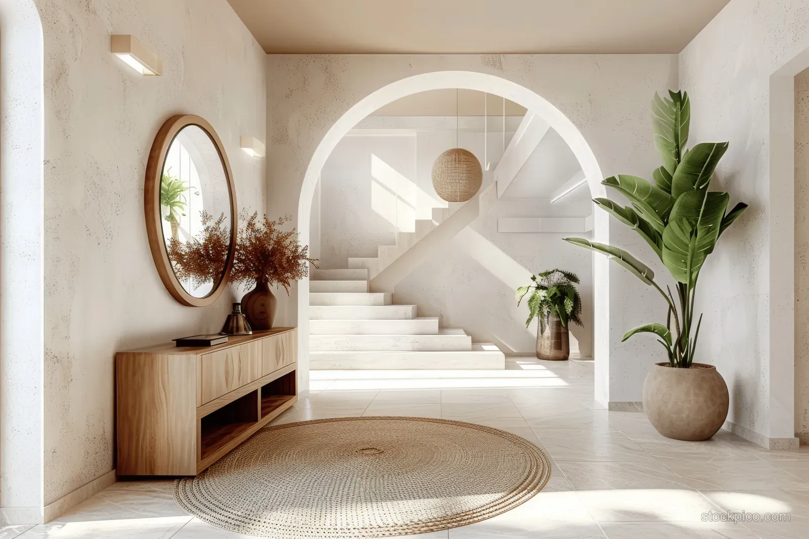 White modern entrance hall shows arched stairs, a wood console with round mirror, and potted plants beside a rug.