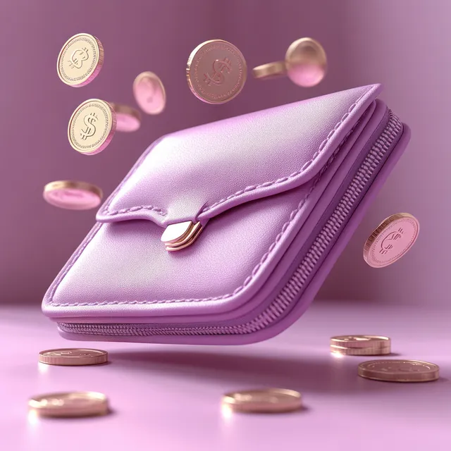 Purple wallet with flying gold coins on soft pastel background, 3D illustration