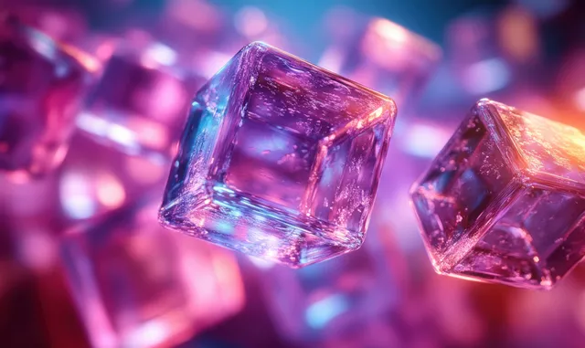 Transparent glass cubes floating in violet-blue light with sparkling refraction glow
