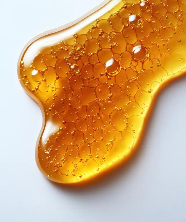 Glossy golden honey drip pooling on a white background in a textured oil painting close-up.