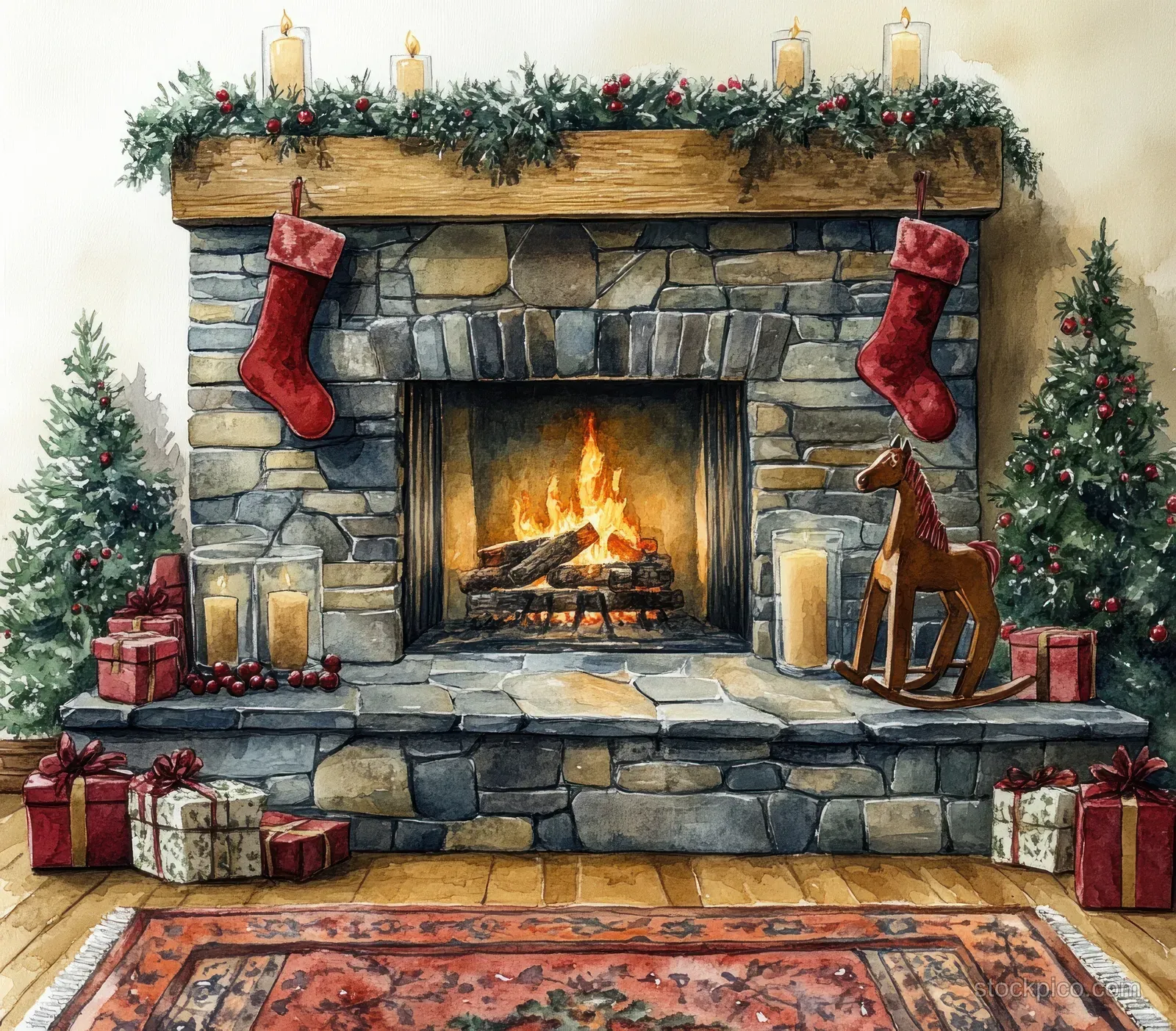 Cozy living room fireplace with rocking horse, Christmas stockings, candles, and wrapped gifts in winter decor.