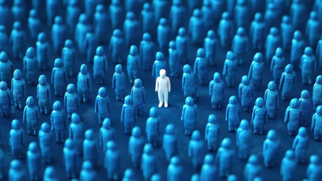 A lone white figurine stands among rows of blue figurines, highlighted by strong blue contrast.