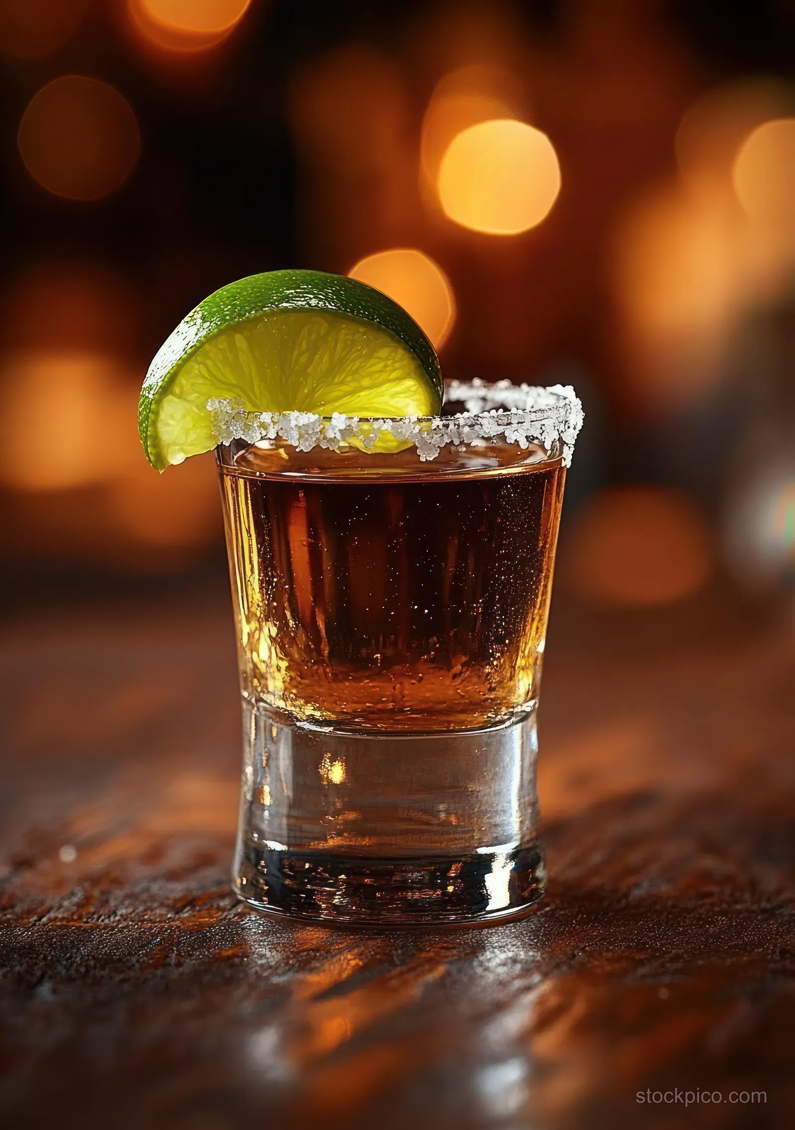 A salt-rimmed shot glass of amber liquor garnished with a lime wedge against warm blurred bokeh lights.