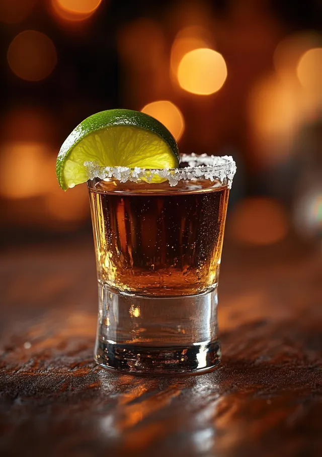 Close-up of a salt-rimmed shot glass with amber drink and lime wedge