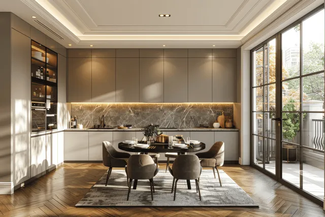 Luxury kitchen-dining space with marble backsplash, round table, and large windows