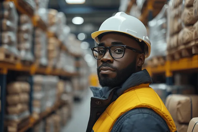 A safety helmeted warehouse worker checks a tablet while standing among tall shelves of stacked cardboard boxes.