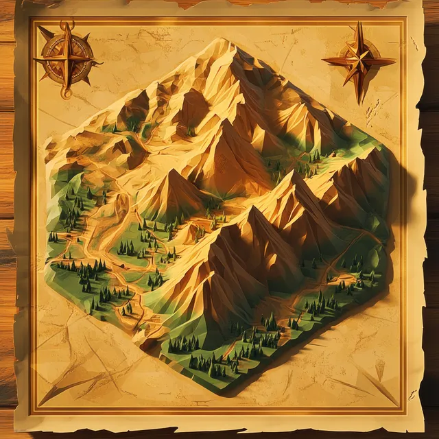A 3D topographic mountain map with valleys and dirt trails sits on aged parchment, bordered by compass roses.