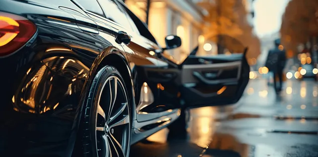 Black luxury car with open door and chauffeur offering service on a night street