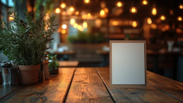 Blank menu display on a wooden table in a warm restaurant with potted plant and blurred lights.
