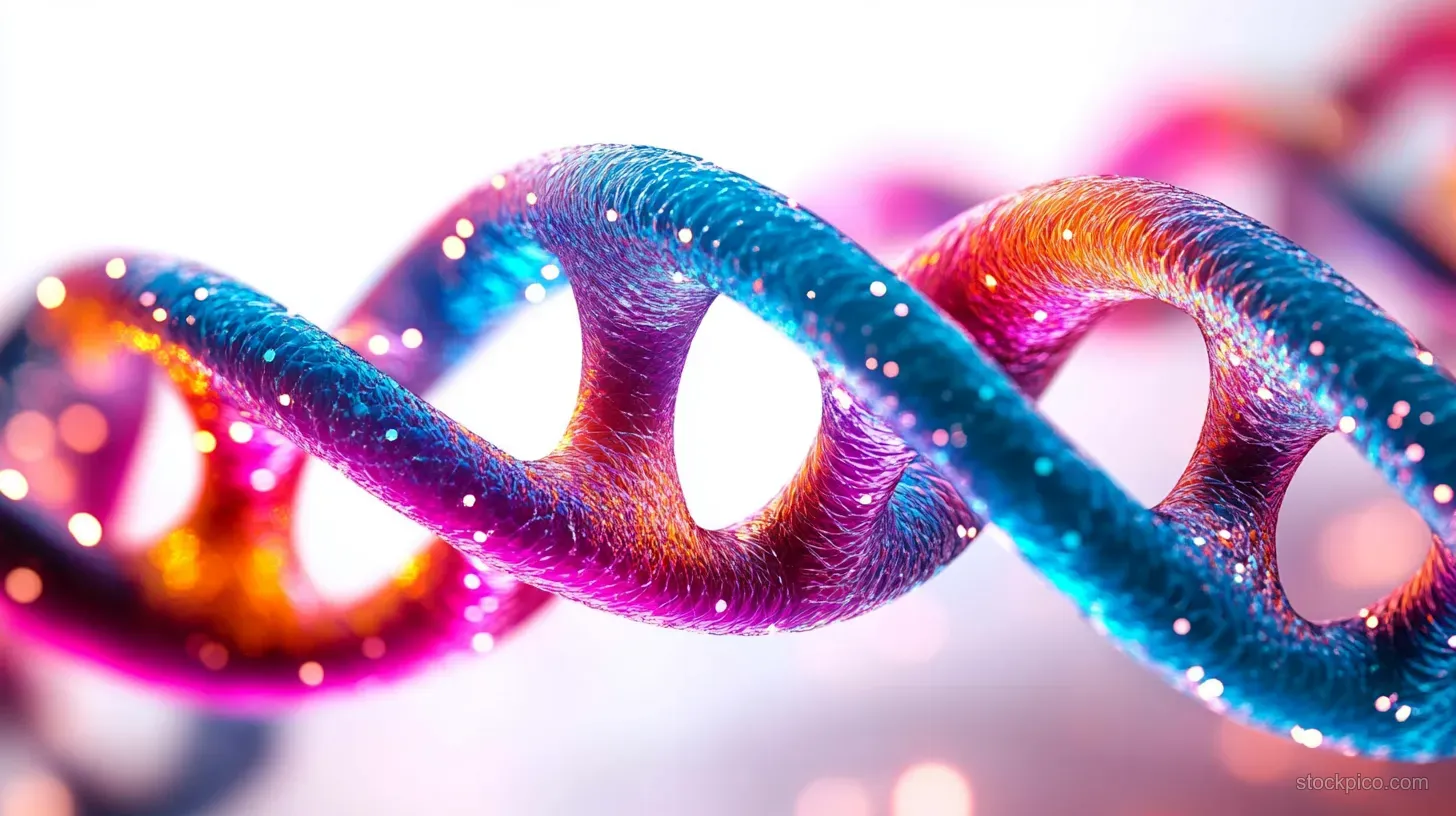 Colorful glowing DNA double helix strands with sparkling particles span the frame against a bright blurred background.